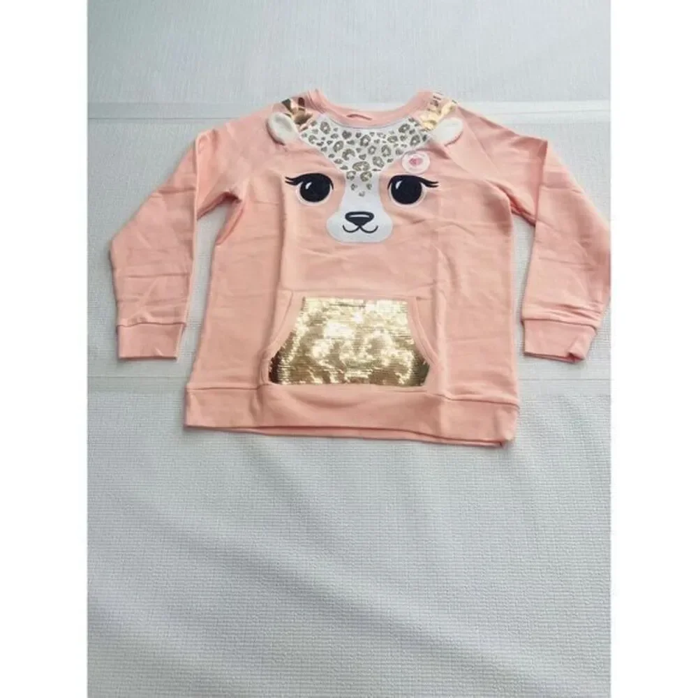 Justice Girls 18/20 Pink Glitter‎ Reindeer Sequin Pocket Fleece Sweater